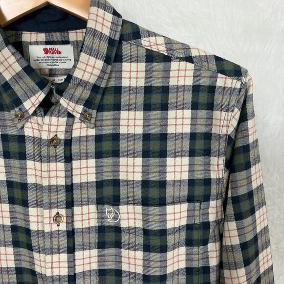 Fjallraven Men's Slim Fit Button Down Ivory, Red, Blue & Green Flannel Shirt M - Picture 2 of 5